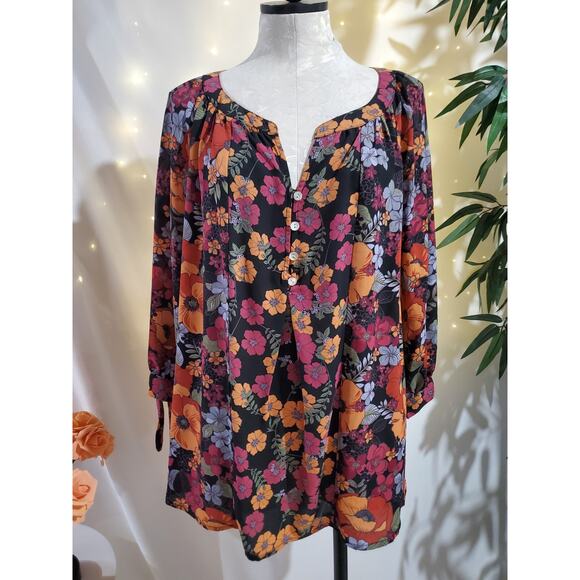 Figueroa & Flower Floral 3/4 Tie Sleeve Popover Blouse Womens Plus Size 2X Top - Picture 1 of 10
